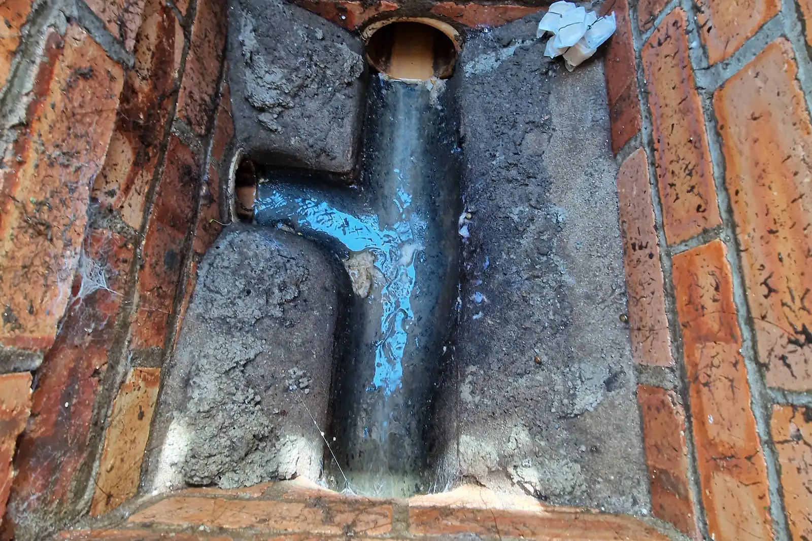 An inspection chamber with repaired benching and a non-toxic detection bait